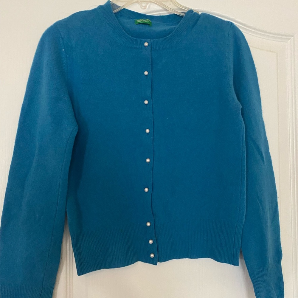 Benetton Pearl Button Cardigan Teal Sweater